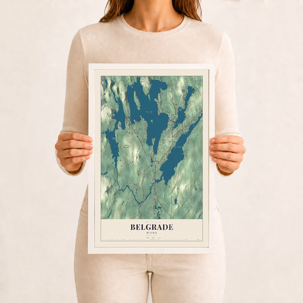 Belgrade, Maine map print - 12 x 18 white Ayous wood frame