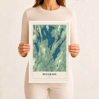 Belgrade, Maine map print - 12 x 18 white Ayous wood frame