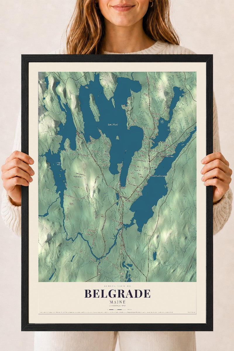 Belgrade, Maine map print - 18 x 24 black Ayous wood frame