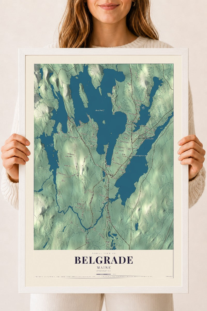 Belgrade, Maine map print - 18 x 24 white Ayous wood frame
