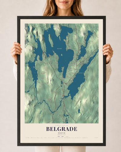 Belgrade, Maine map print - 24 x 36 black Ayous wood frame