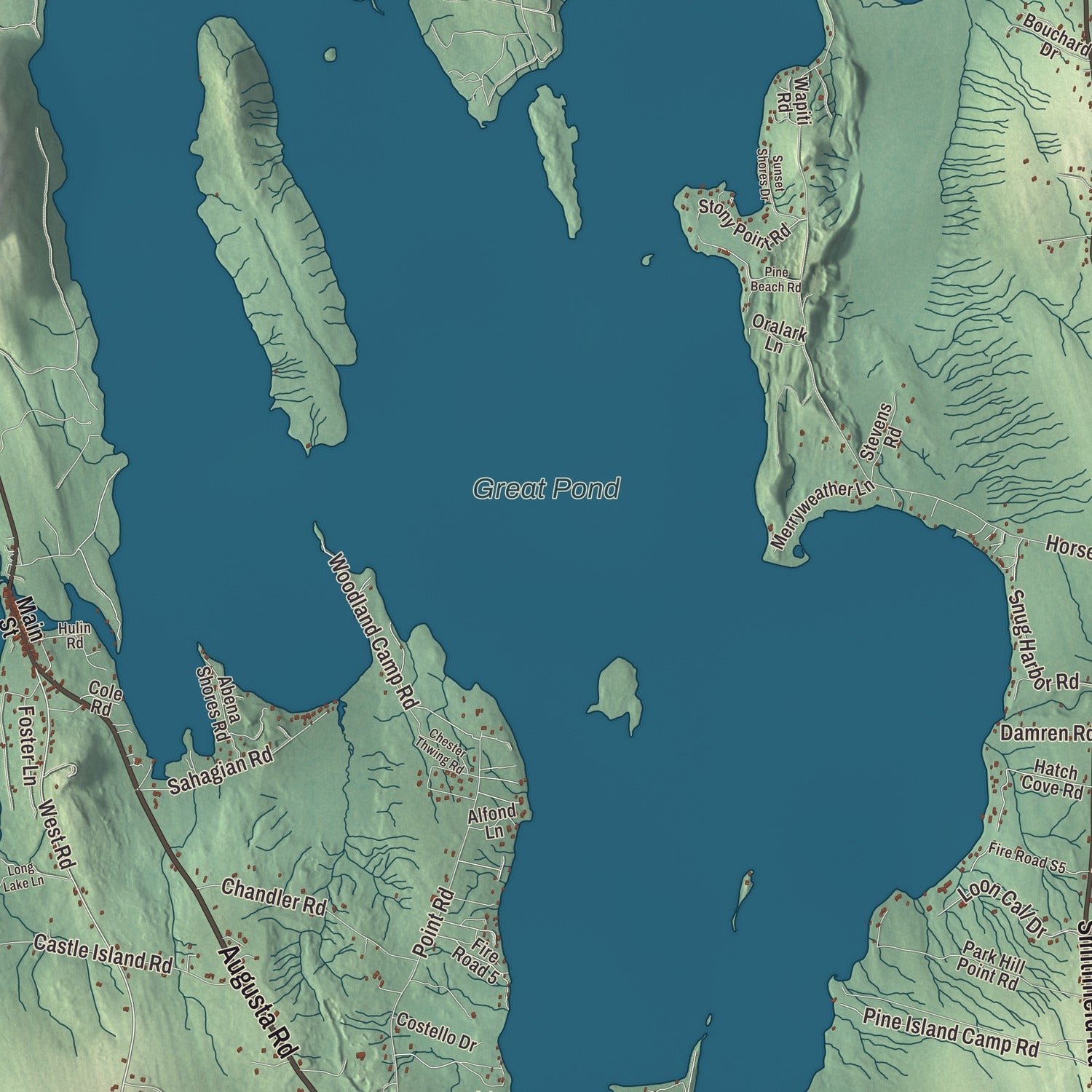 Terrain and local geography detail from the Belgrade, Maine map