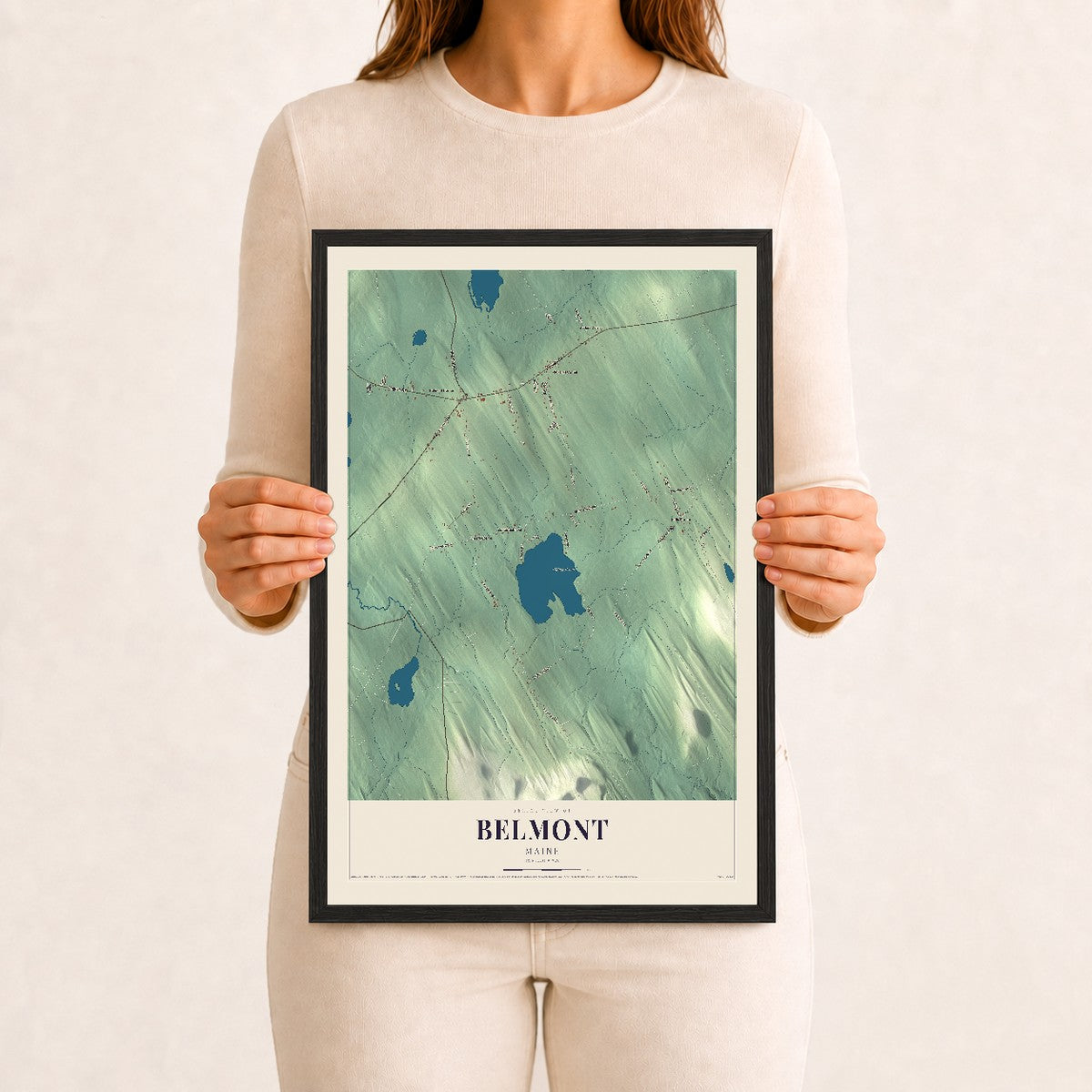 Belmont, Maine map print - 12 x 18 black Ayous wood frame