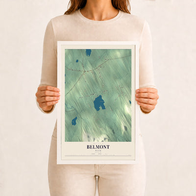 Belmont, Maine map print - 12 x 18 white Ayous wood frame