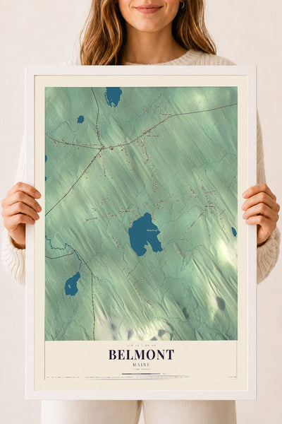 Belmont, Maine map print - 18 x 24 white Ayous wood frame