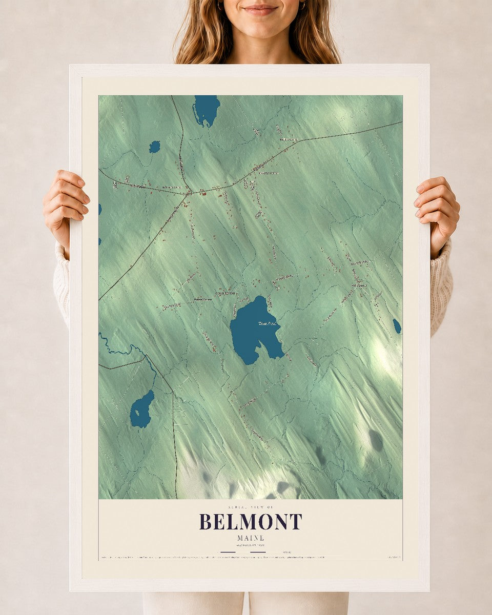 Belmont, Maine map print - 24 x 36 white Ayous wood frame