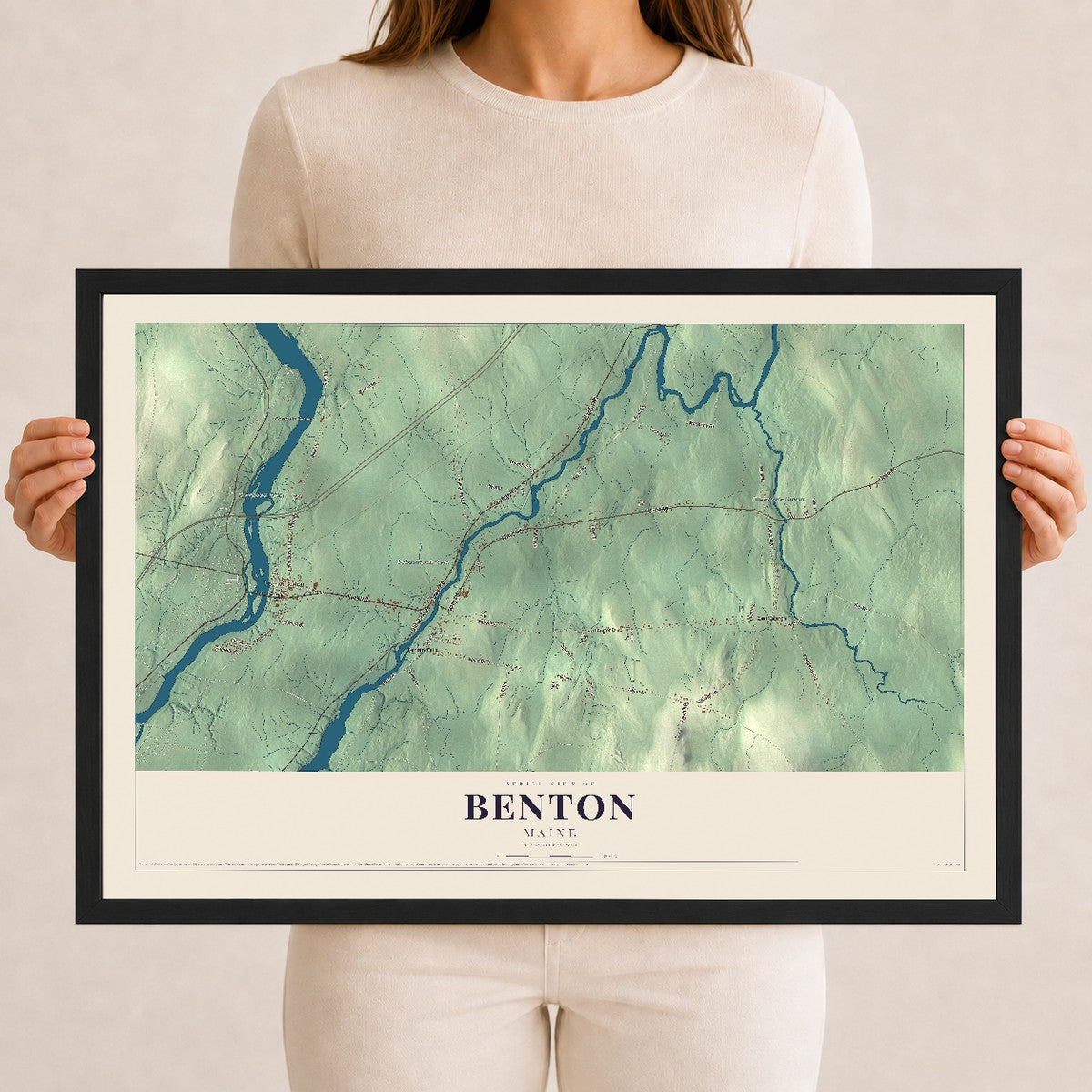 Benton, Maine map print - 12 x 18 black Ayous wood frame