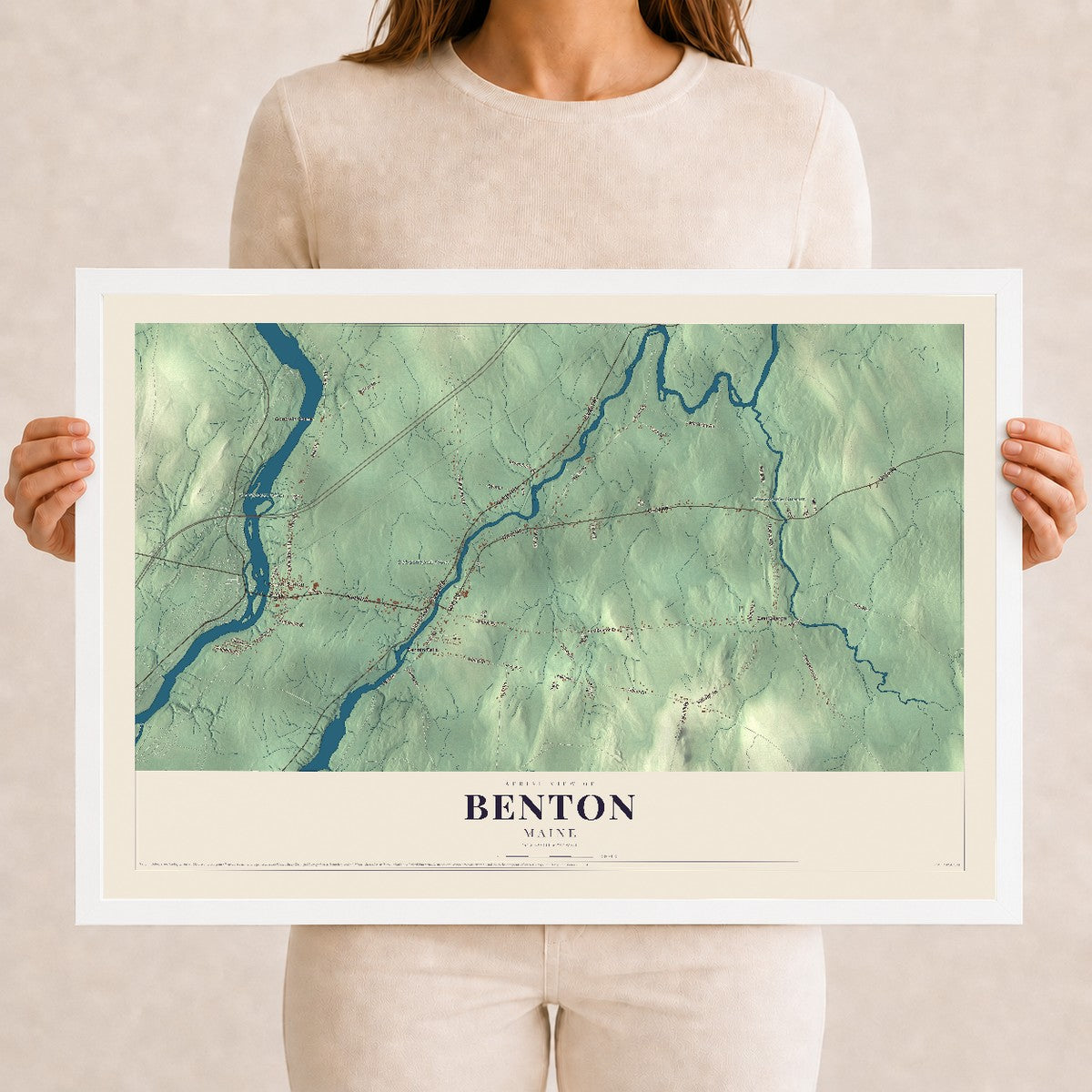 Benton, Maine map print - 12 x 18 white Ayous wood frame