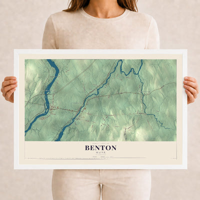 Benton, Maine map print - 12 x 18 white Ayous wood frame