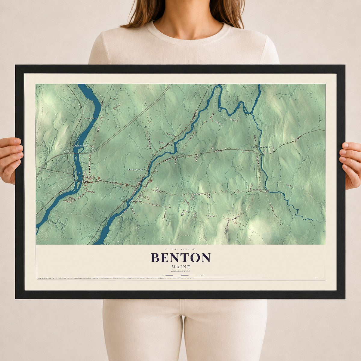 Benton, Maine map print - 18 x 24 black Ayous wood frame