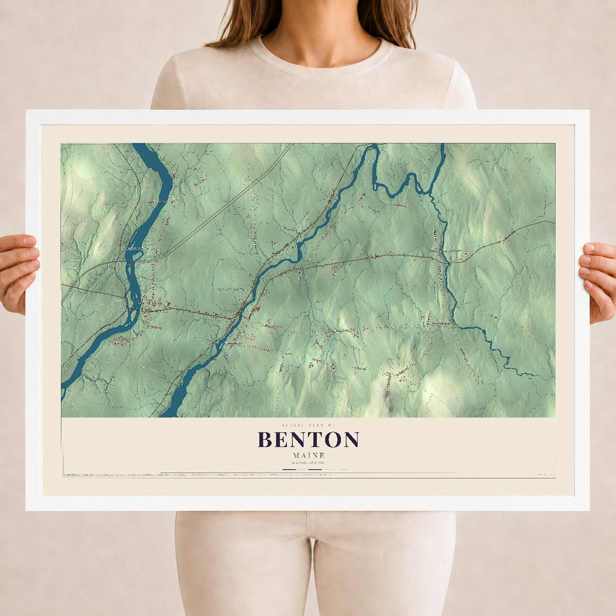 Benton, Maine map print - 18 x 24 white Ayous wood frame