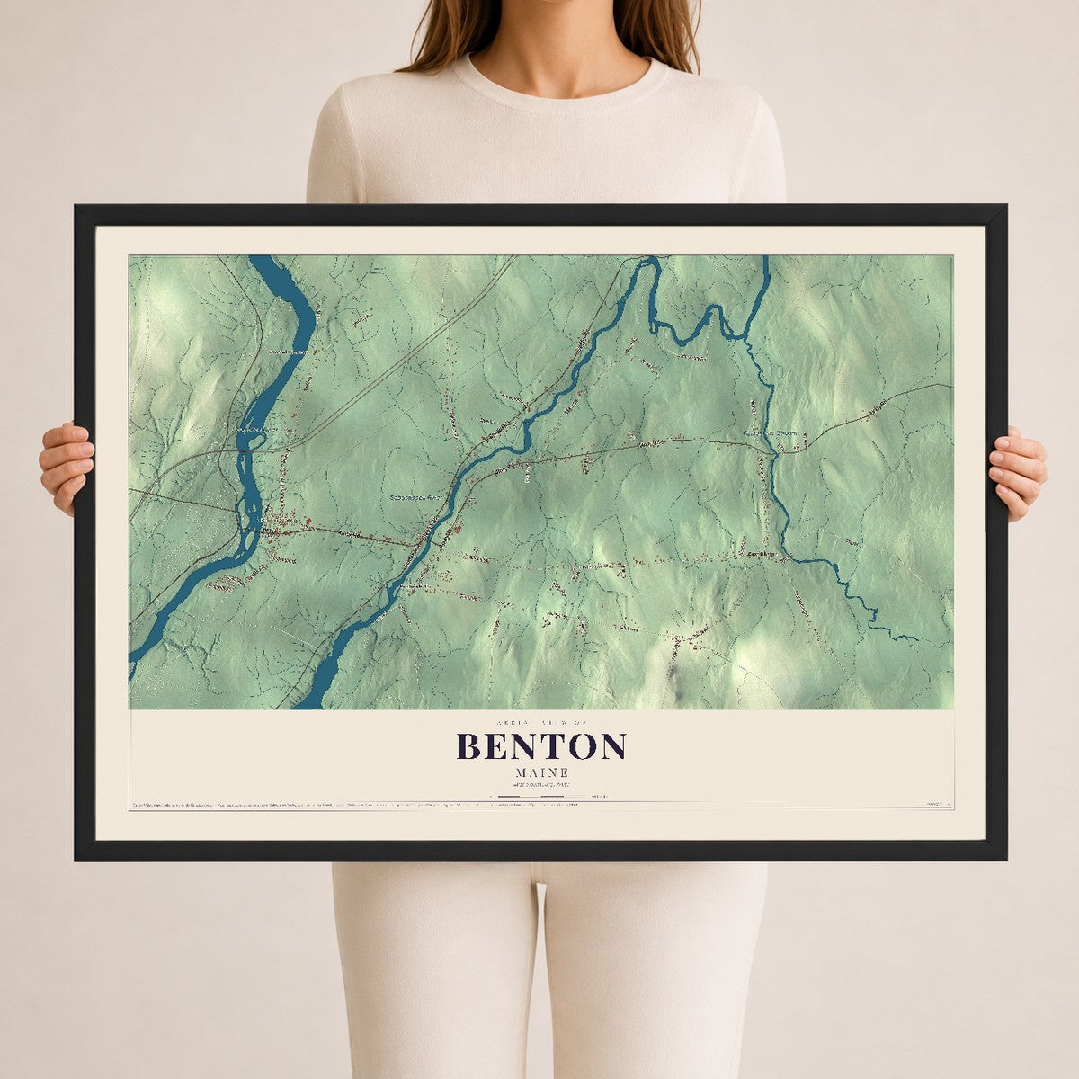 Benton, Maine map print - 24 x 36 black Ayous wood frame