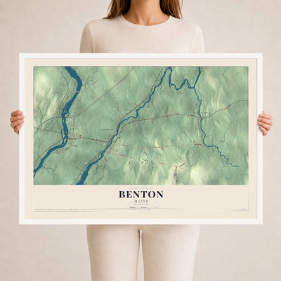 Benton, Maine map print - 24 x 36 white Ayous wood frame