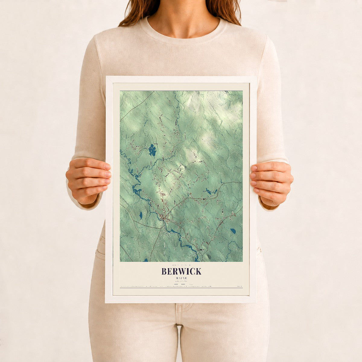 Berwick, Maine map print - 12 x 18 white Ayous wood frame