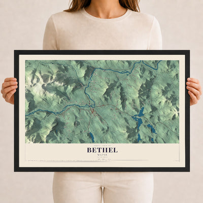 Bethel, Maine map print - 12 x 18 black Ayous wood frame