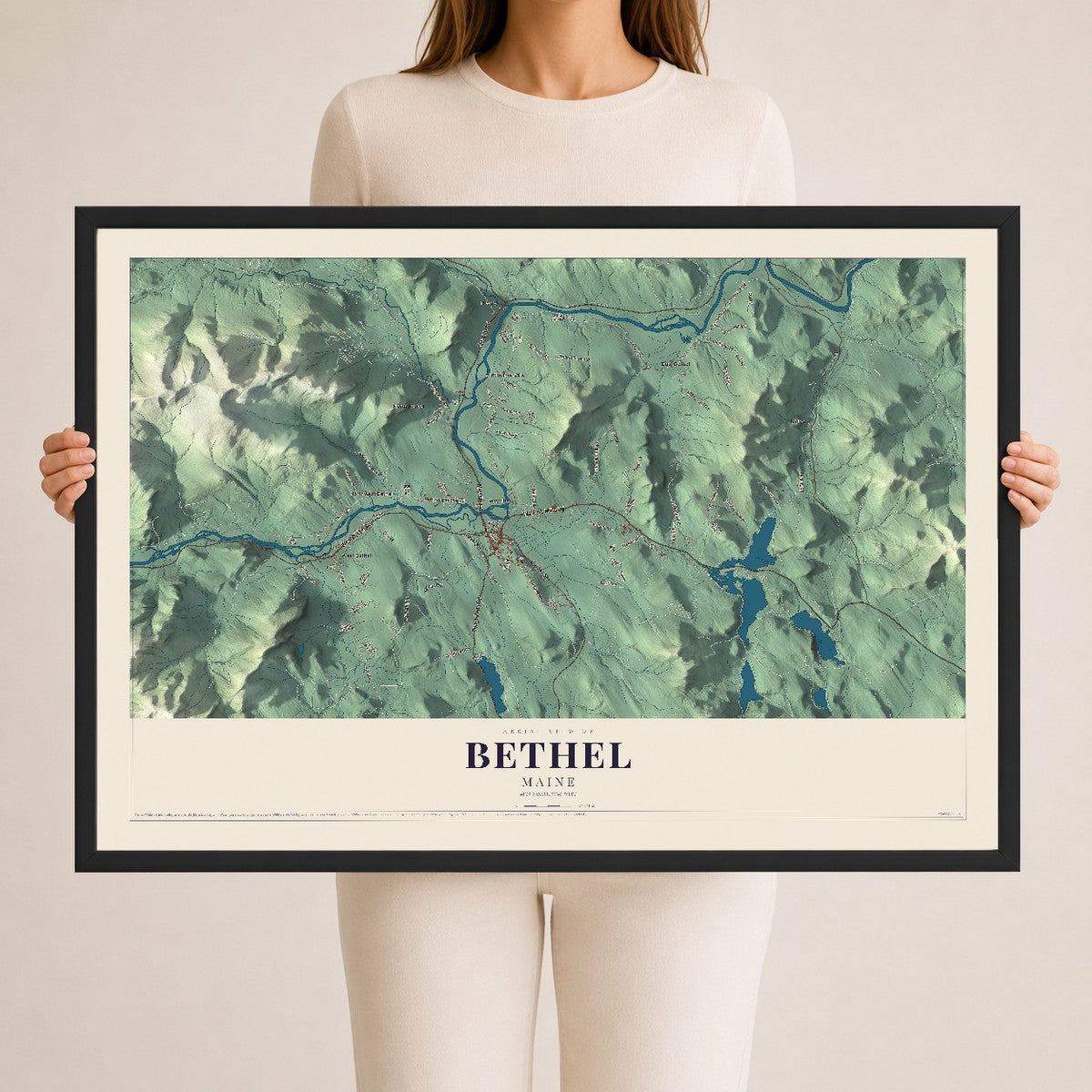 Bethel, Maine map print - 24 x 36 black Ayous wood frame