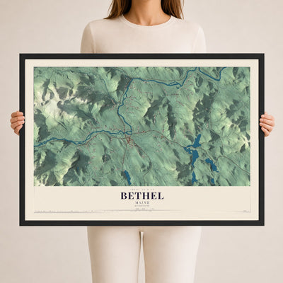 Bethel, Maine map print - 24 x 36 black Ayous wood frame