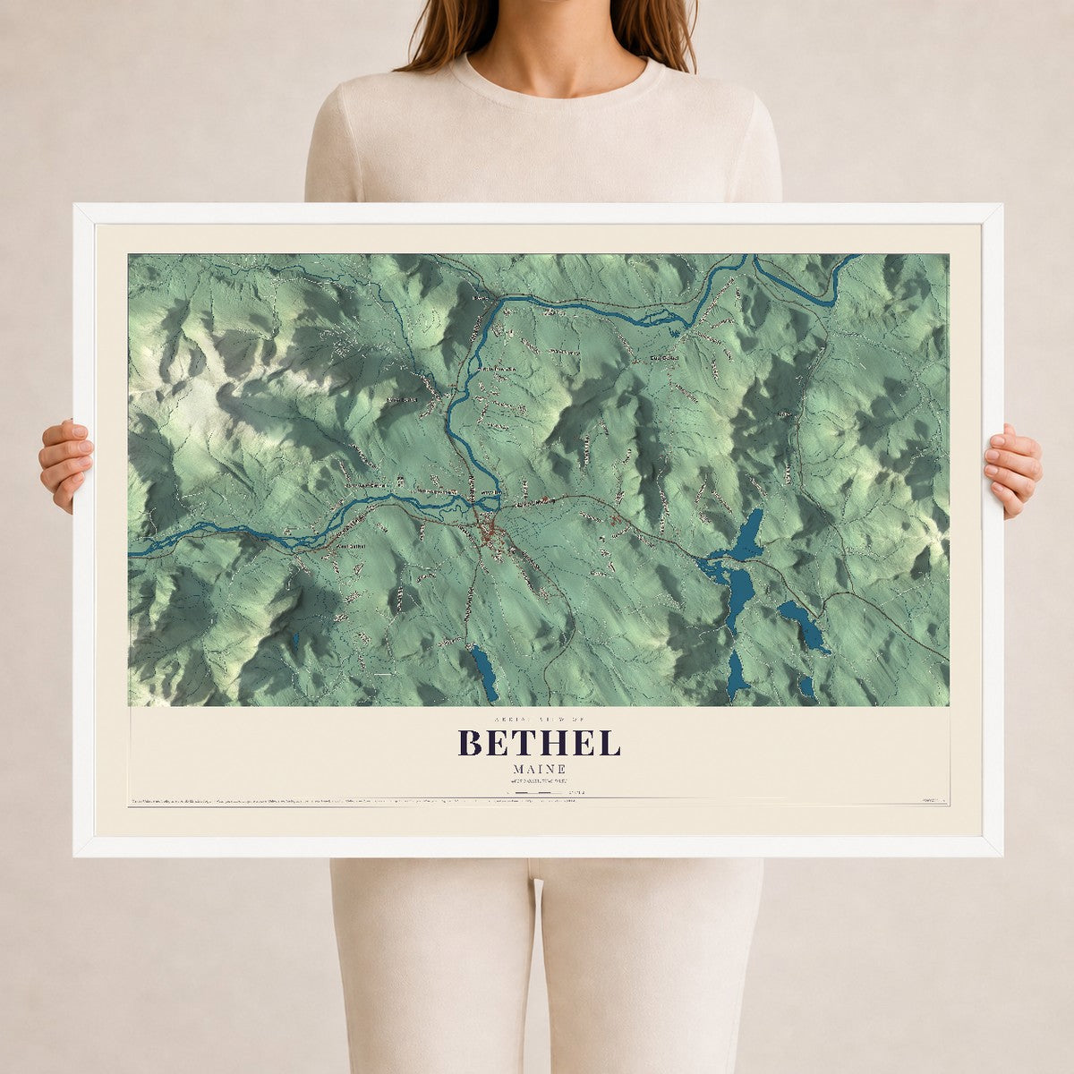 Bethel, Maine map print - 24 x 36 white Ayous wood frame