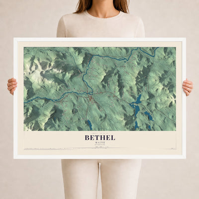 Bethel, Maine map print - 24 x 36 white Ayous wood frame