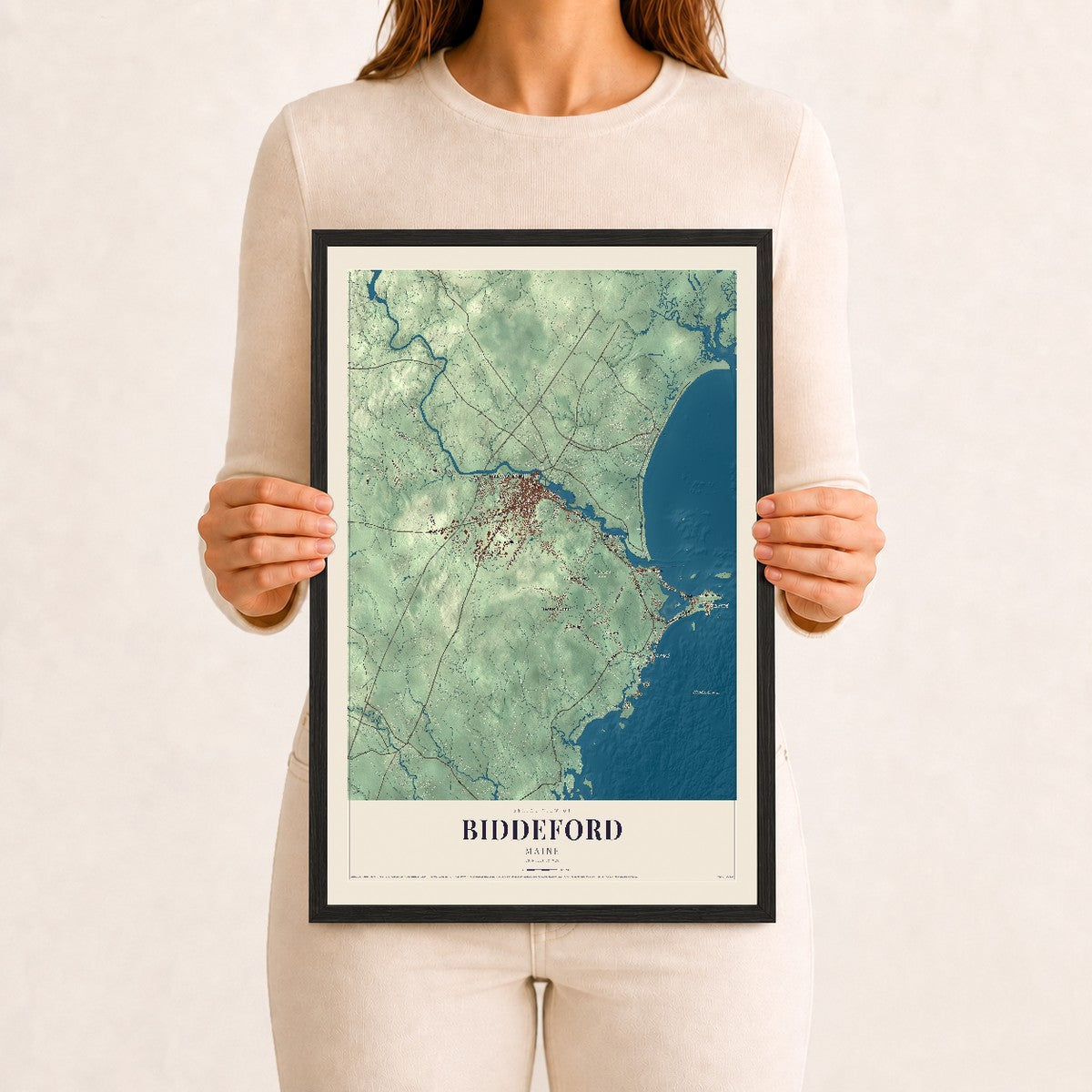 Biddeford, Maine map print - 12 x 18 black Ayous wood frame