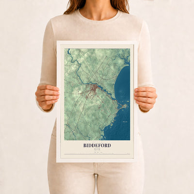 Biddeford, Maine map print - 12 x 18 white Ayous wood frame