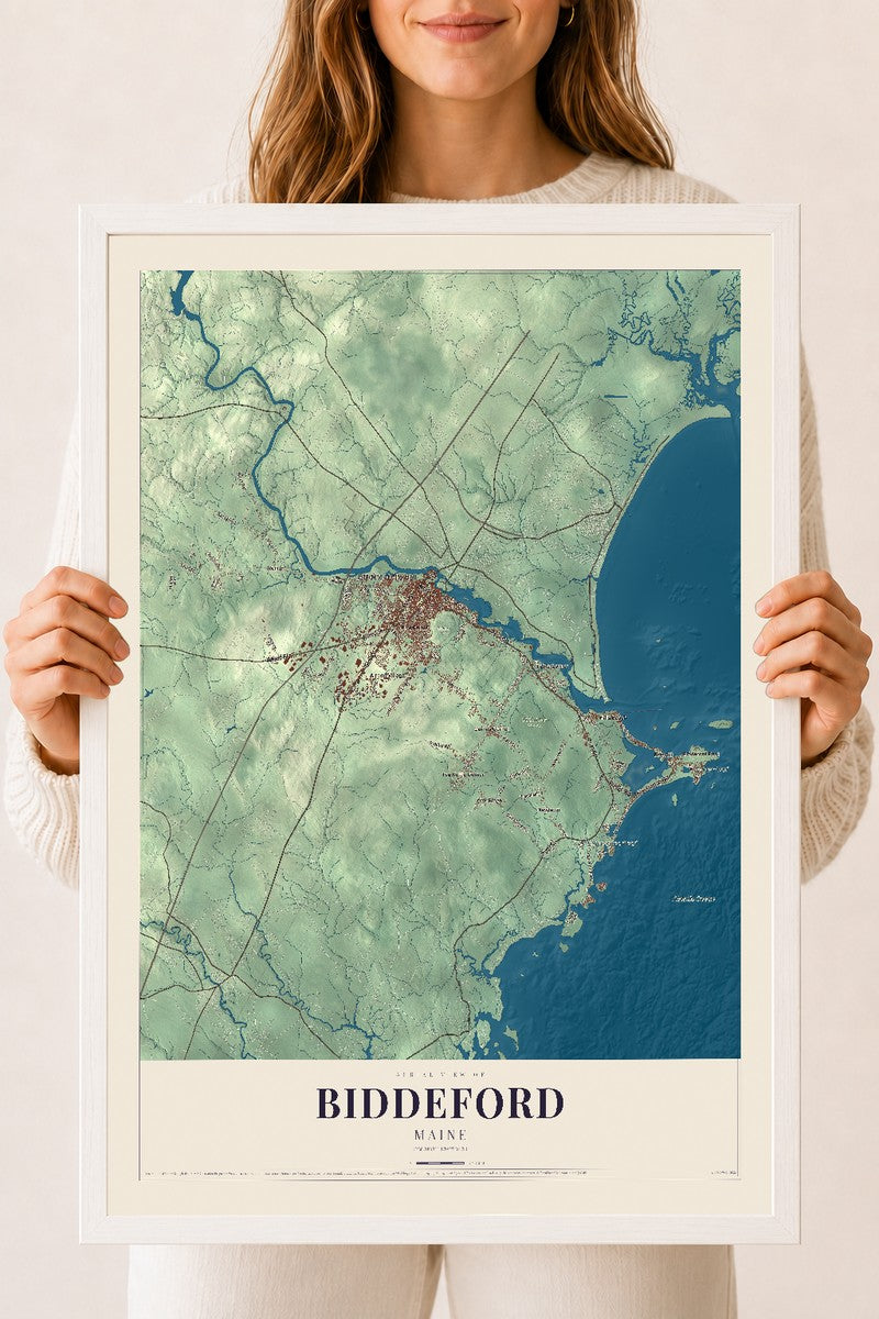 Biddeford, Maine map print - 18 x 24 white Ayous wood frame