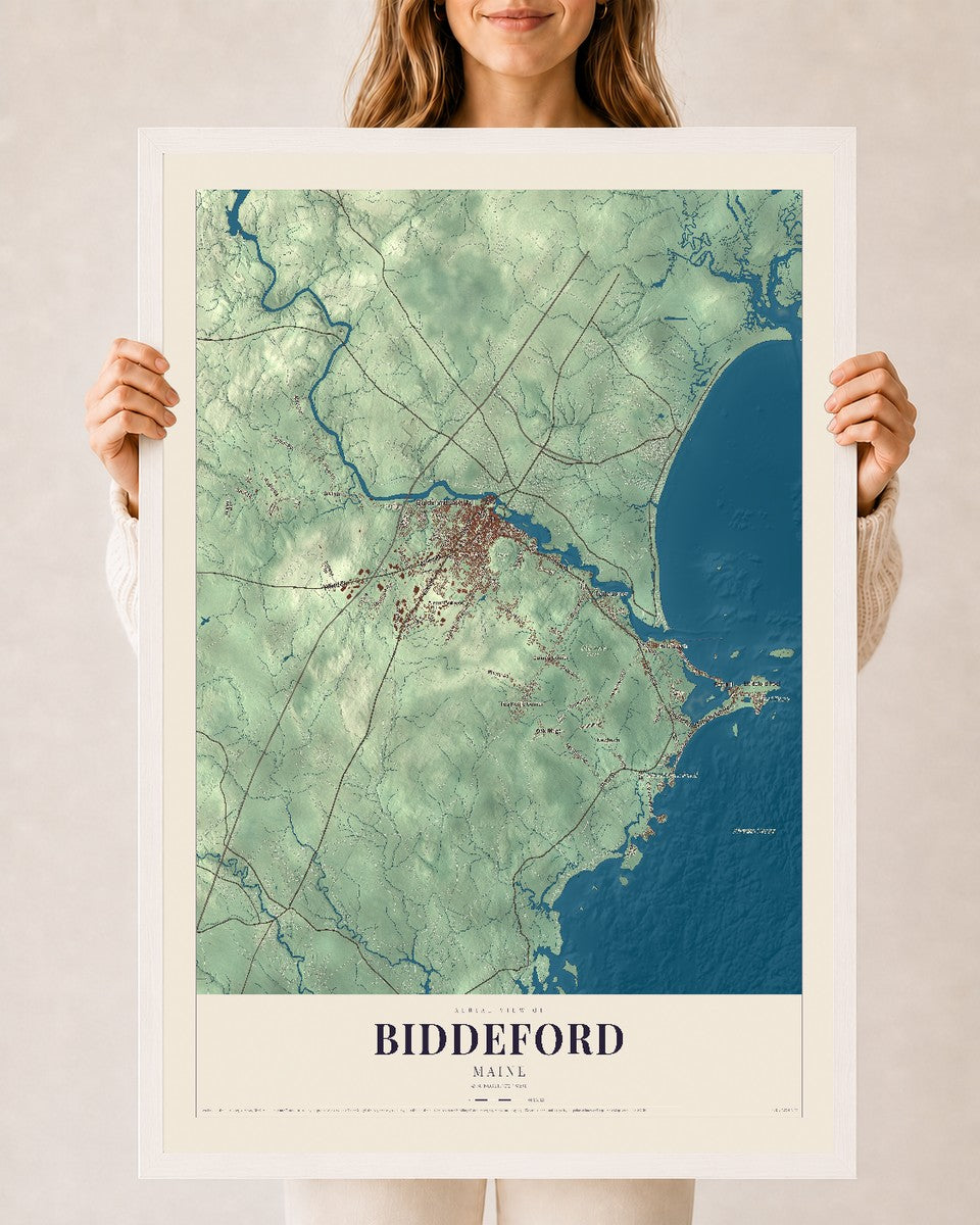 Biddeford, Maine map print - 24 x 36 white Ayous wood frame