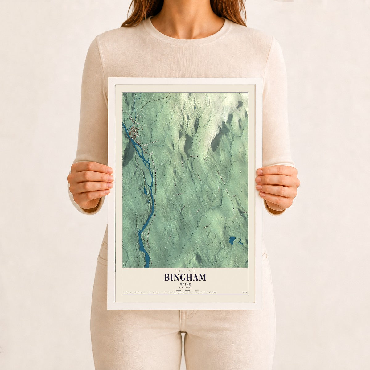 Bingham, Maine map print - 12 x 18 white Ayous wood frame