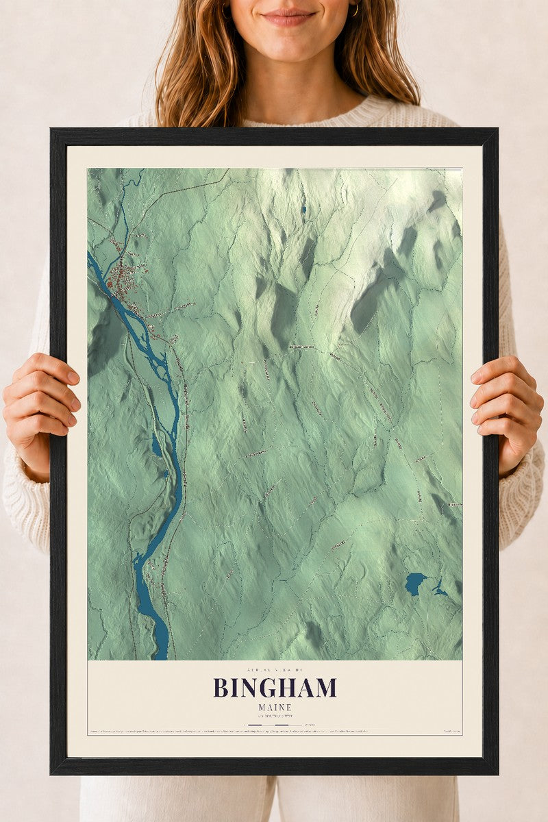 Bingham, Maine map print - 18 x 24 black Ayous wood frame