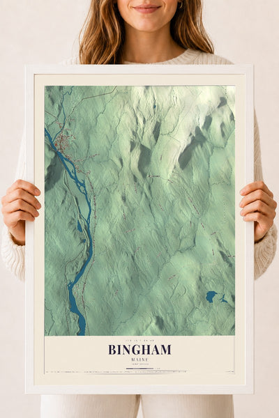 Bingham, Maine map print - 18 x 24 white Ayous wood frame