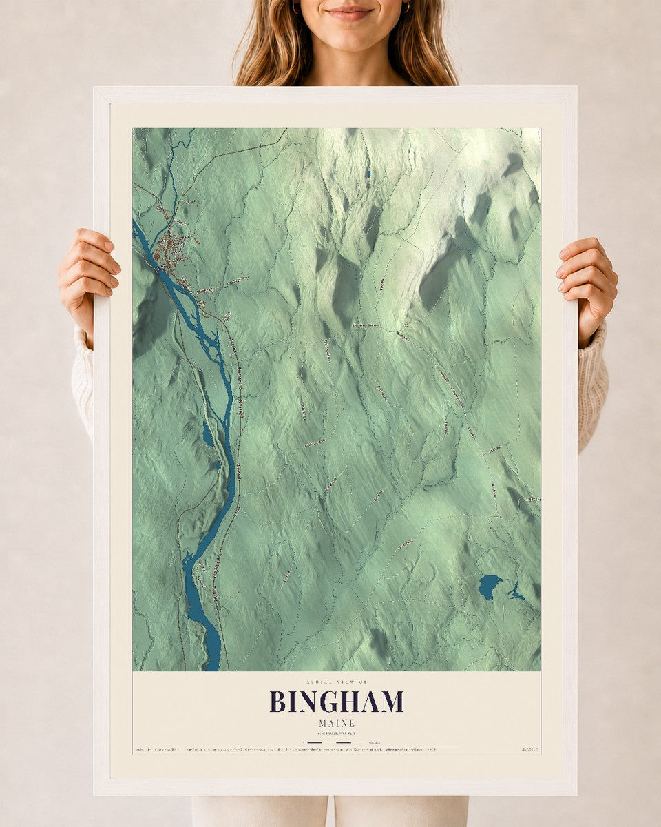 Bingham, Maine map print - 24 x 36 white Ayous wood frame