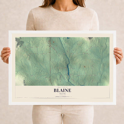 Blaine, Maine map print - 12 x 18 white Ayous wood frame