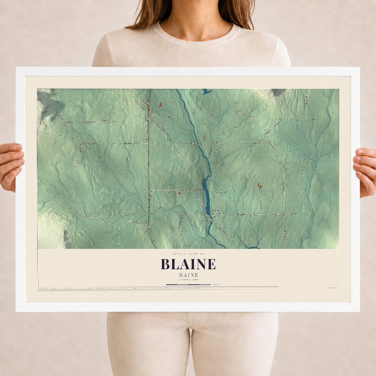Blaine, Maine map print - 18 x 24 white Ayous wood frame