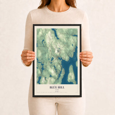Blue Hill, Maine map print - 12 x 18 black Ayous wood frame