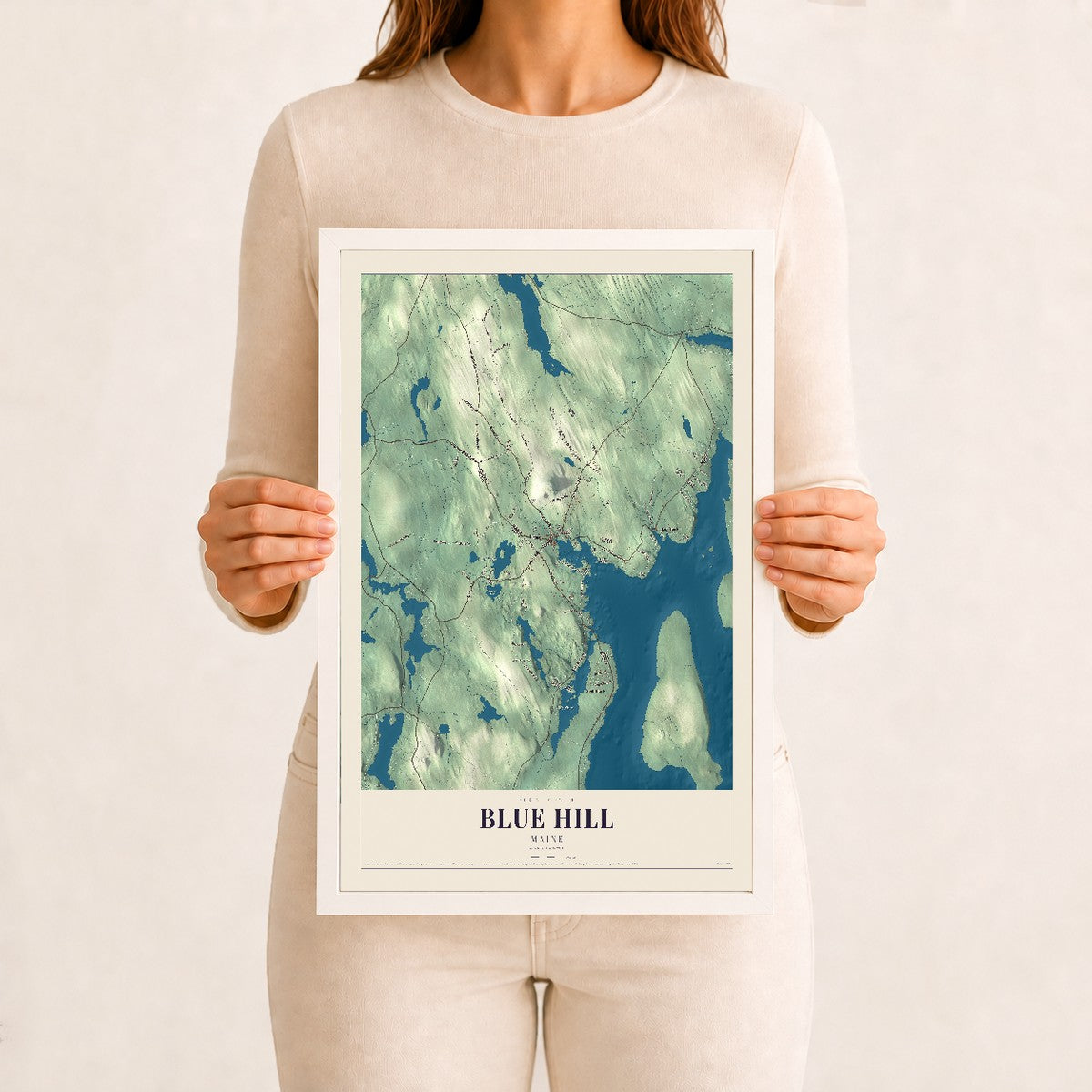 Blue Hill, Maine map print - 12 x 18 white Ayous wood frame