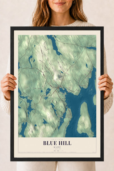 Blue Hill, Maine map print - 18 x 24 black Ayous wood frame