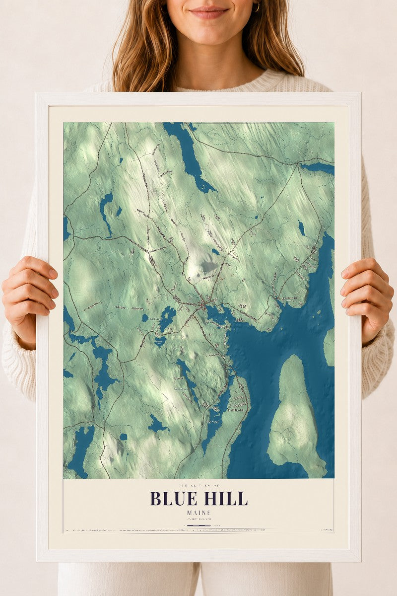 Blue Hill, Maine map print - 18 x 24 white Ayous wood frame