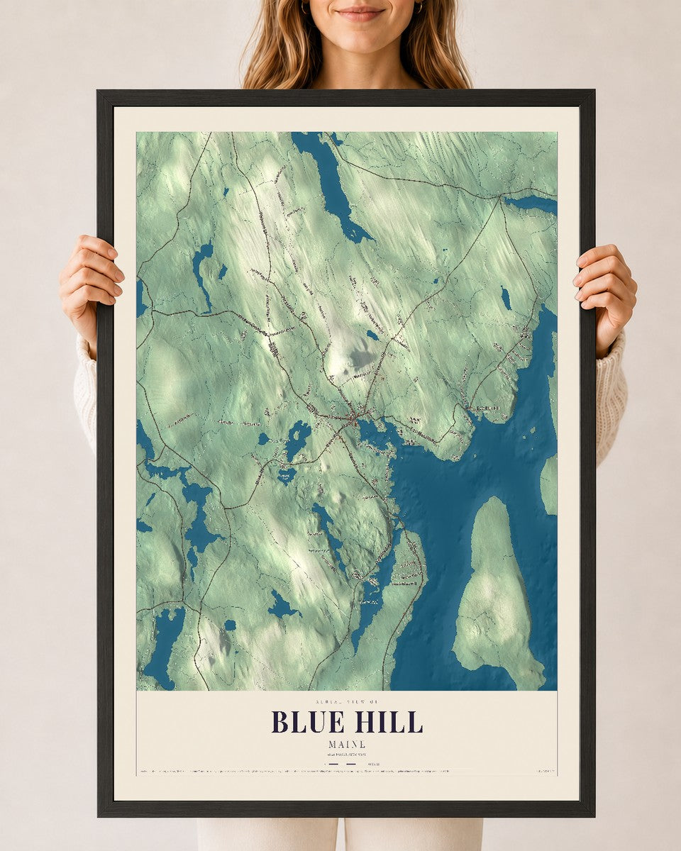 Blue Hill, Maine map print - 24 x 36 black Ayous wood frame
