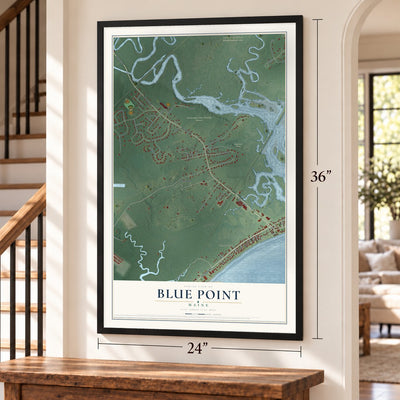 Blue Point, Maine map, 24 x 36 inch print in a black frame by a staircase