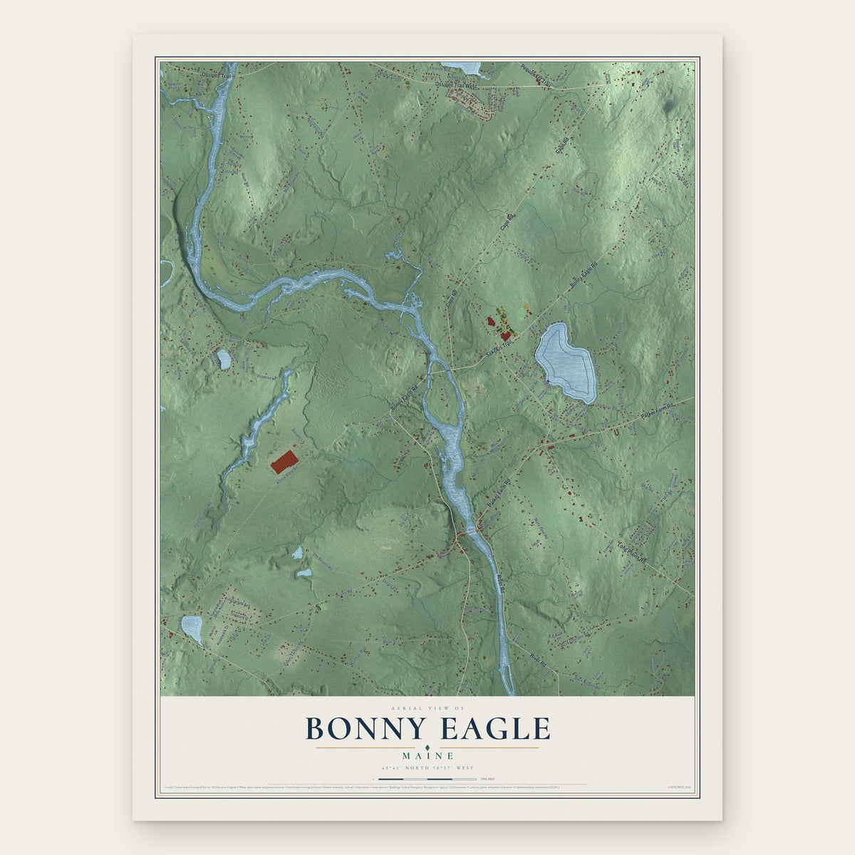 Bonny Eagle, Maine map print, the full design