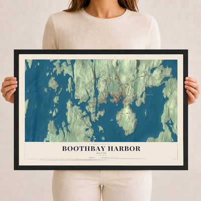 Boothbay Harbor, Maine map print - 12 x 18 black Ayous wood frame