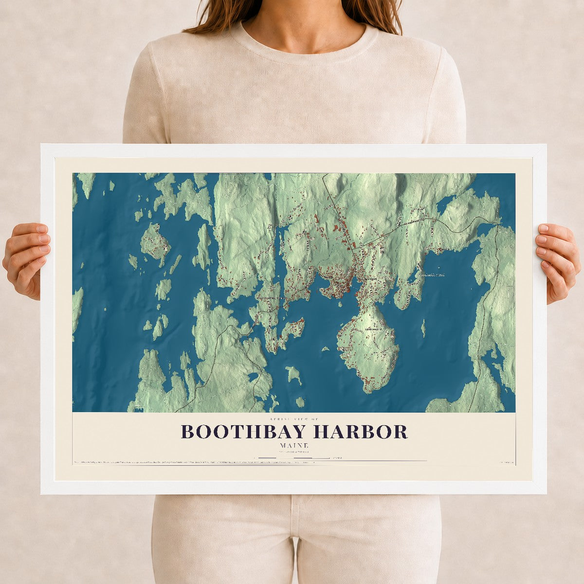 Boothbay Harbor, Maine map print - 12 x 18 white Ayous wood frame