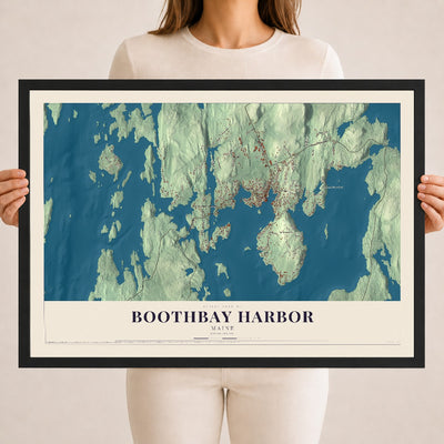 Boothbay Harbor, Maine map print - 18 x 24 black Ayous wood frame