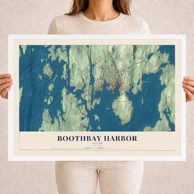 Boothbay Harbor, Maine map print - 18 x 24 white Ayous wood frame