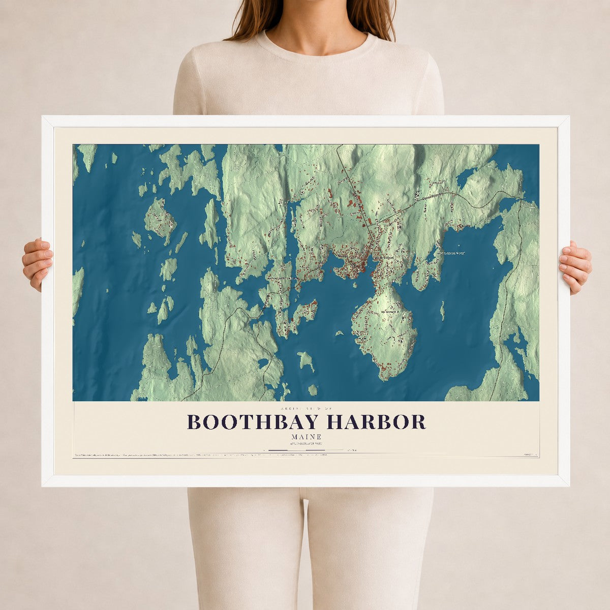 Boothbay Harbor, Maine map print - 24 x 36 white Ayous wood frame