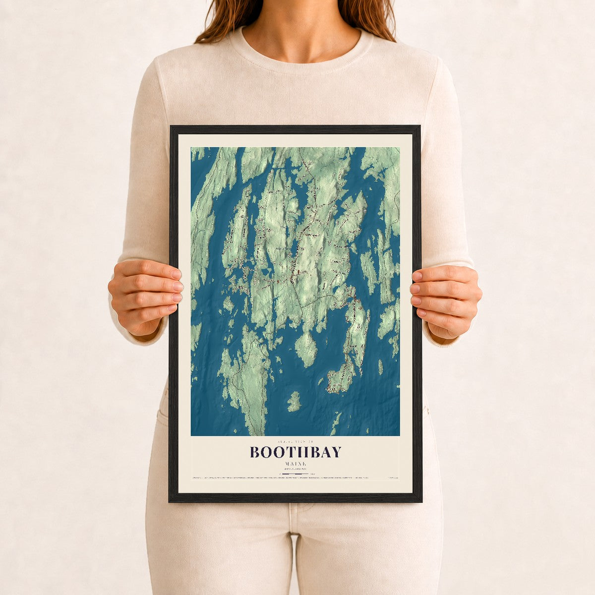 Boothbay, Maine map print - 12 x 18 black Ayous wood frame