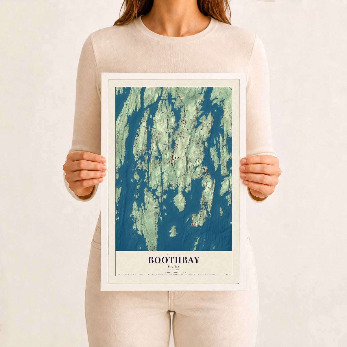 Boothbay, Maine map print - 12 x 18 white Ayous wood frame
