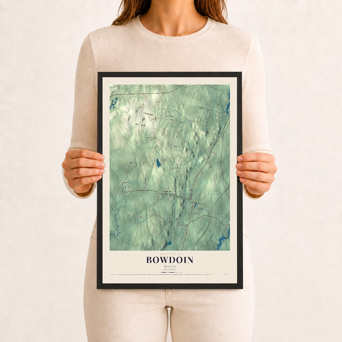 Bowdoin, Maine map print - 12 x 18 black Ayous wood frame