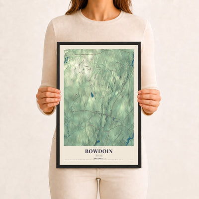 Bowdoin, Maine map print - 12 x 18 black Ayous wood frame