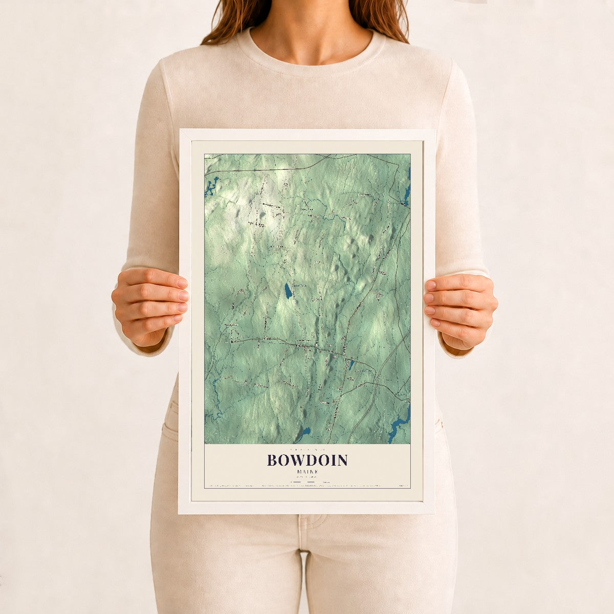 Bowdoin, Maine map print - 12 x 18 white Ayous wood frame